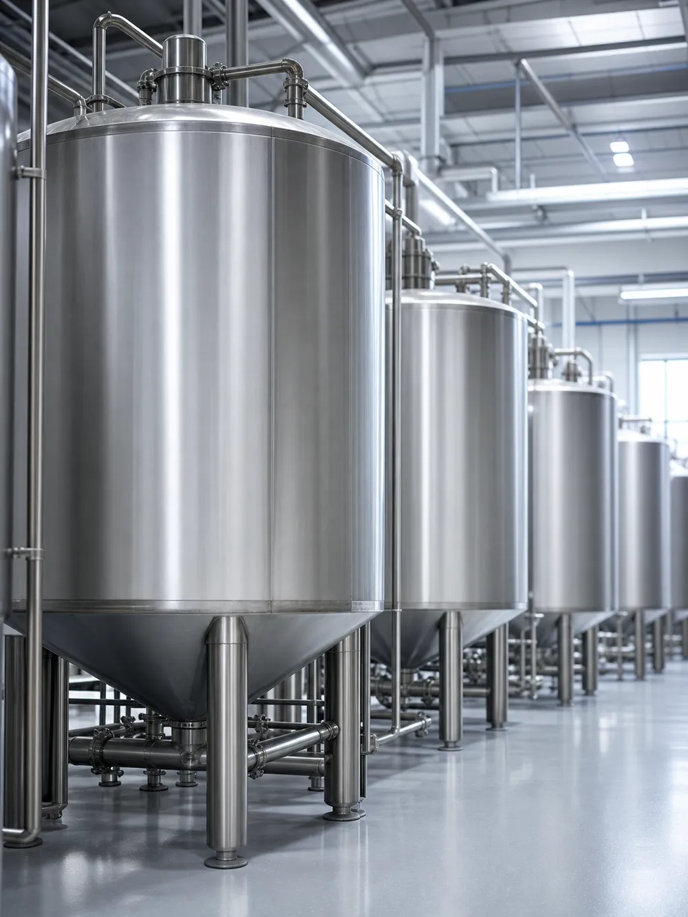 Rows of stainless-steel processing tanks in a modern food-grade production facility