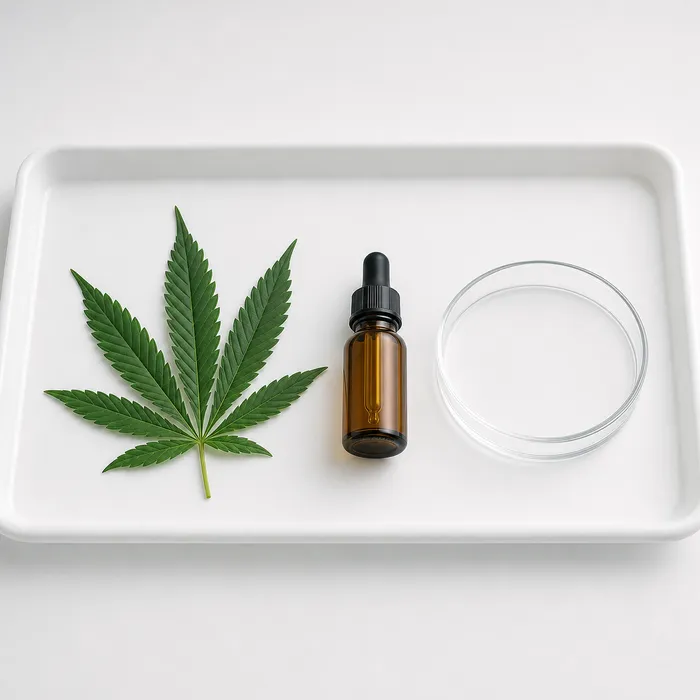 Cannabis leaf, amber tincture vial, and petri dish on a white laboratory tray