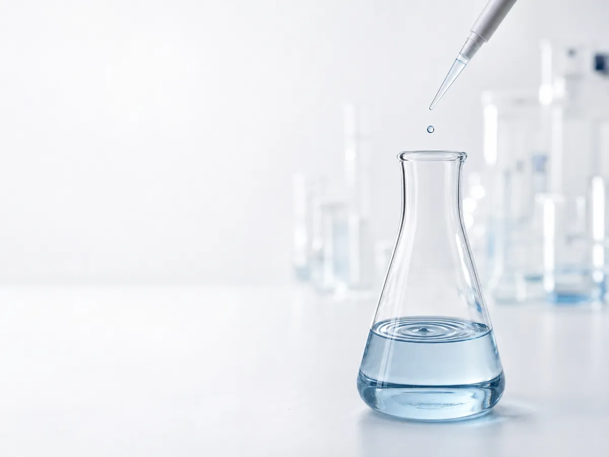 A pipette dispensing a droplet into an Erlenmeyer flask of pale blue liquid