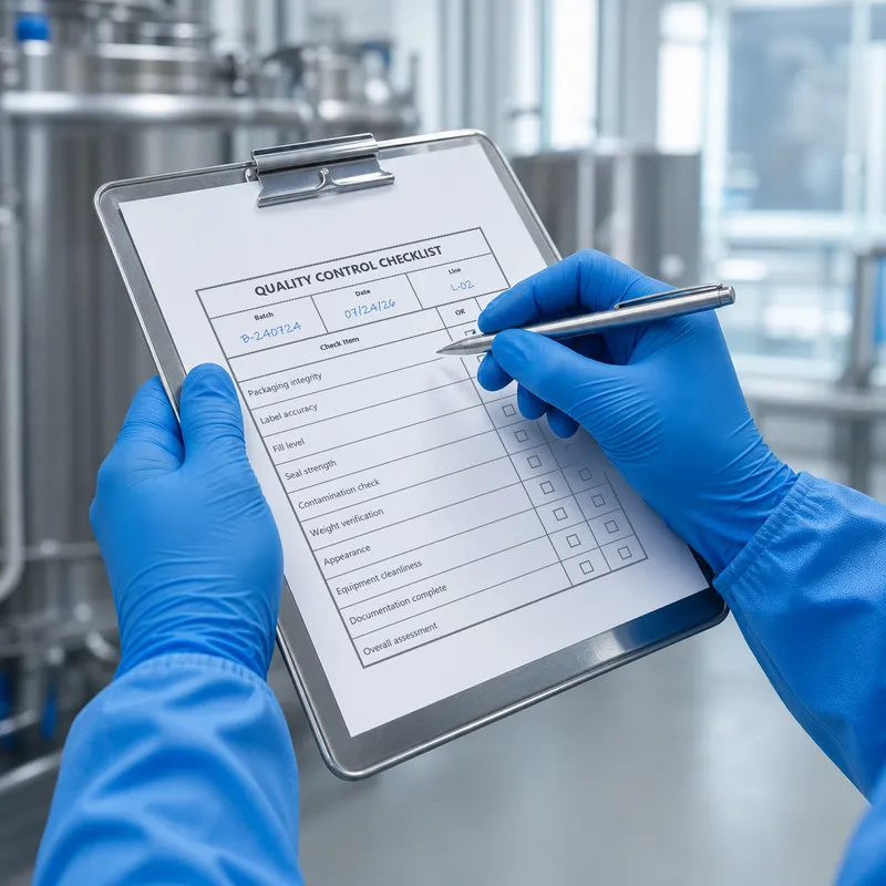 Gloved hands completing a quality checklist on a clipboard in a production facility